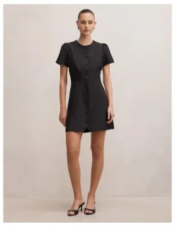 Forever New Elinda Button Up Linen Mini Dress in Black