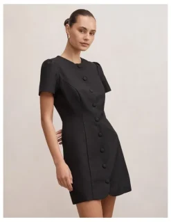 Forever New Elinda Button Up Linen Mini Dress in Black
