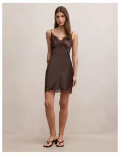 Forever New Frannie Lace Trim Mini Dress in Chocolate