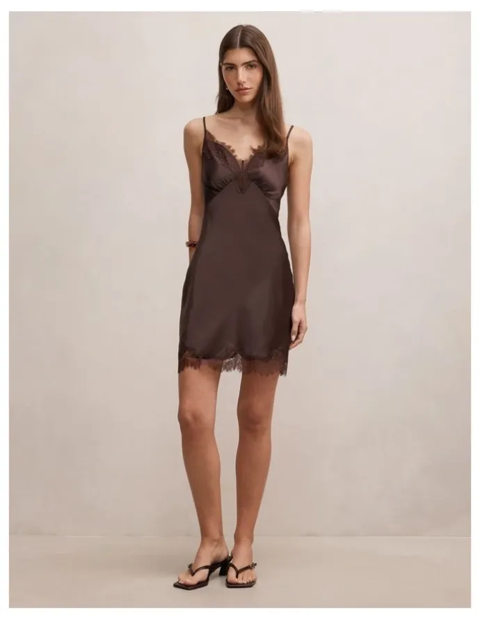 Forever New Frannie Lace Trim Mini Dress in Chocolate