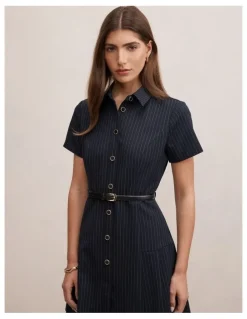 Forever New Gigi Pleated Button Down Mini Dress in Blue