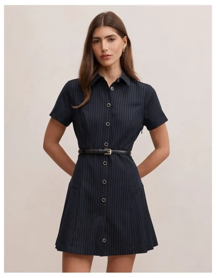 Forever New Gigi Pleated Button Down Mini Dress in Blue