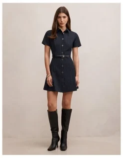 Forever New Gigi Pleated Button Down Mini Dress in Blue