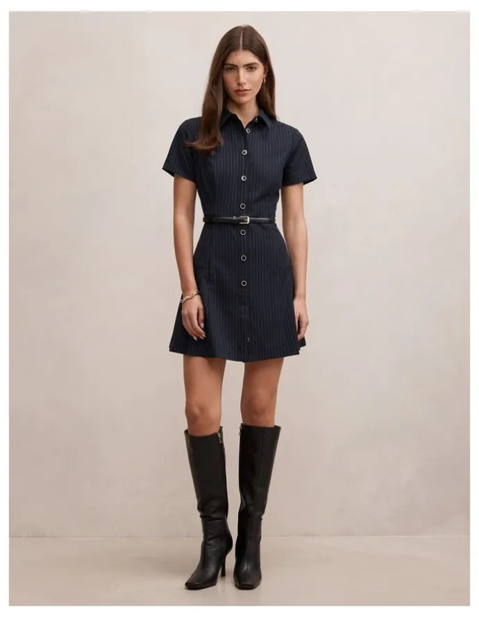 Forever New Gigi Pleated Button Down Mini Dress in Blue