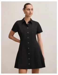 Forever New Gigi Pleated Button Down Mini Dress in Black