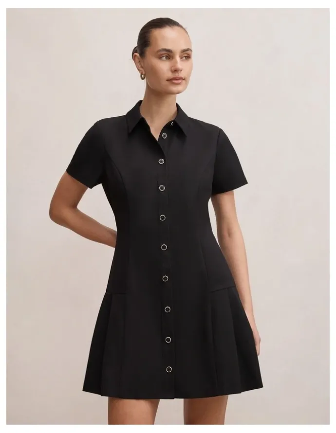 Forever New Gigi Pleated Button Down Mini Dress in Black