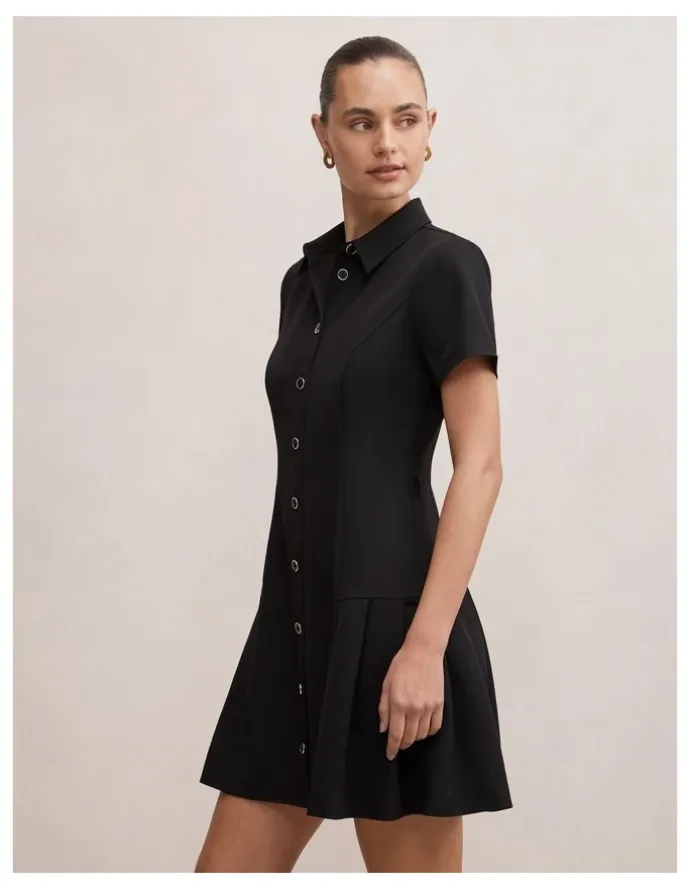 Forever New Gigi Pleated Button Down Mini Dress in Black