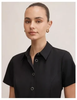 Forever New Gigi Pleated Button Down Mini Dress in Black