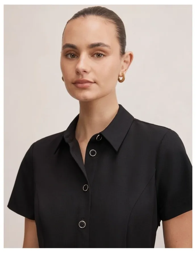 Forever New Gigi Pleated Button Down Mini Dress in Black