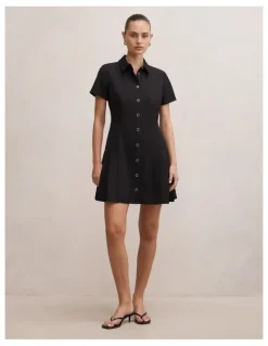 Forever New Gigi Pleated Button Down Mini Dress in Black