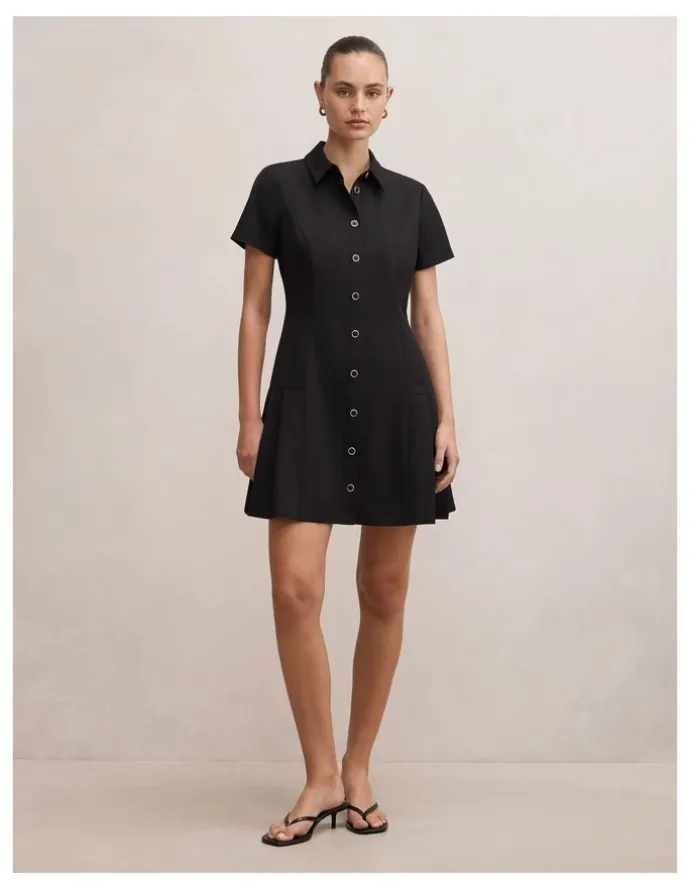 Forever New Gigi Pleated Button Down Mini Dress in Black