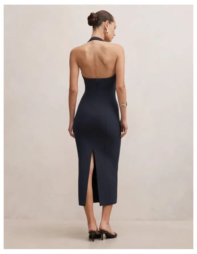 Forever New Gina Halter Neck Bodycon Midi Dress in Navy