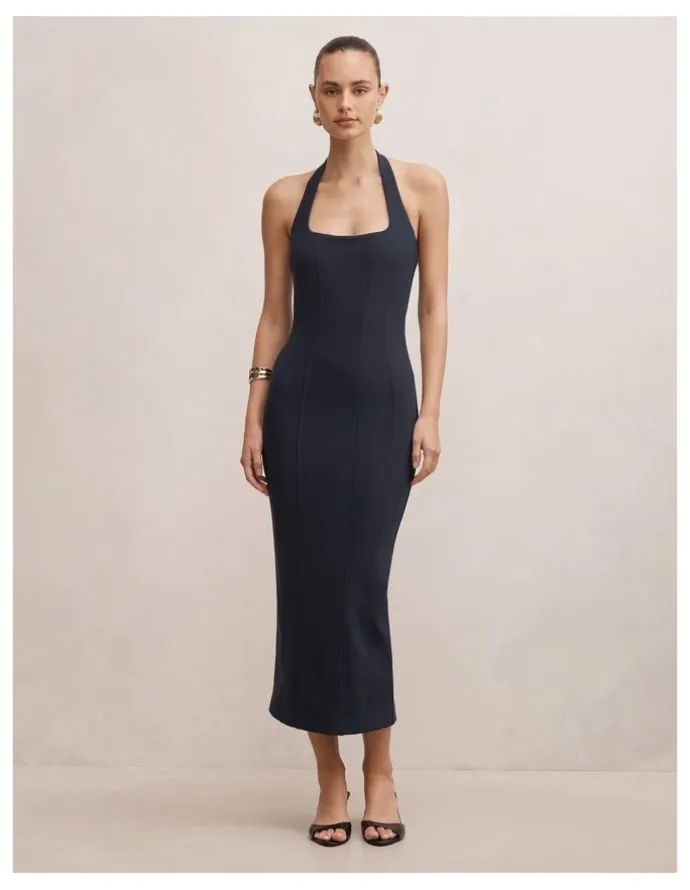 Forever New Gina Halter Neck Bodycon Midi Dress in Navy