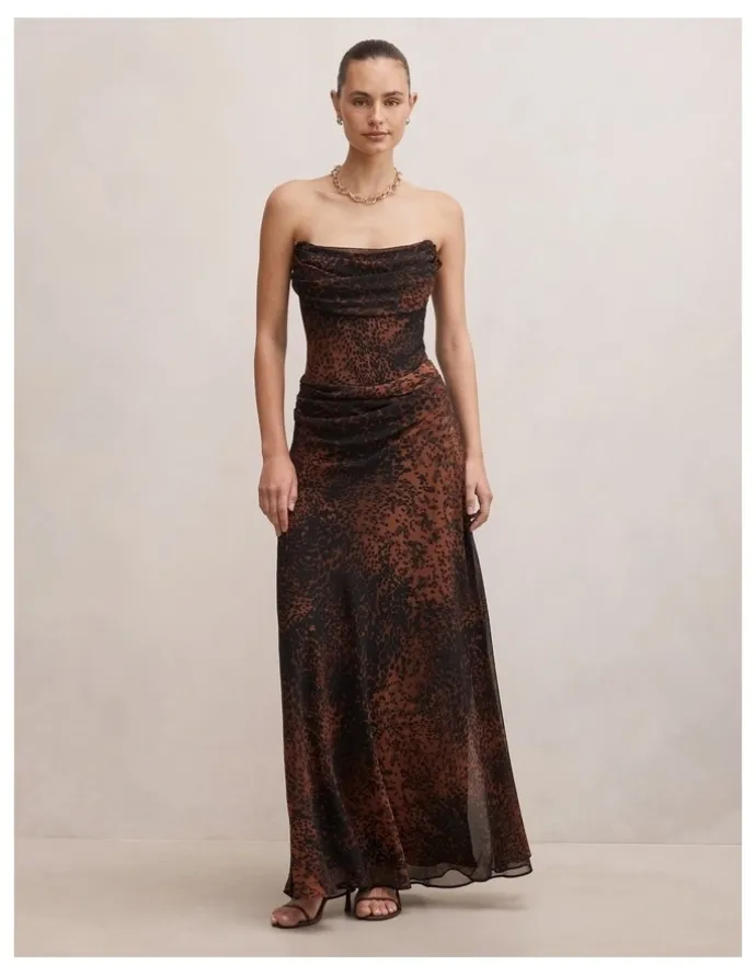 Forever New Gwynne Draped Strapless Maxi Dress in Multi Spot Print
