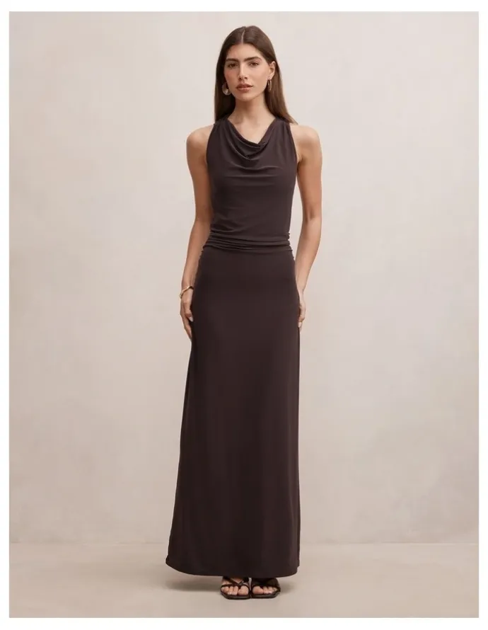 Forever New Jae Bubble Back Hardware Maxi Dress in Brown
