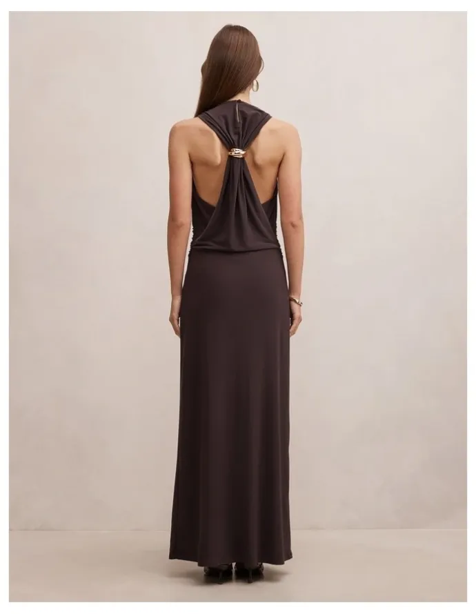 Forever New Jae Bubble Back Hardware Maxi Dress in Brown