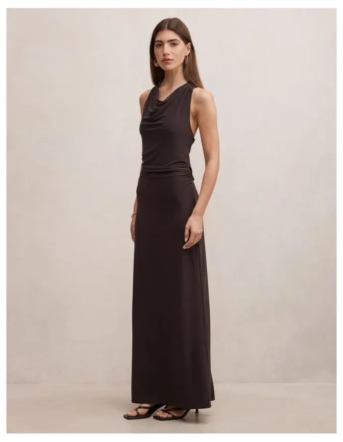 Forever New Jae Bubble Back Hardware Maxi Dress in Brown