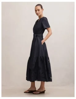 Forever New Matilda Embroidered Tie Midi Dress in Navy