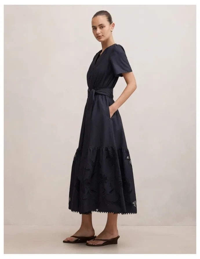 Forever New Matilda Embroidered Tie Midi Dress in Navy