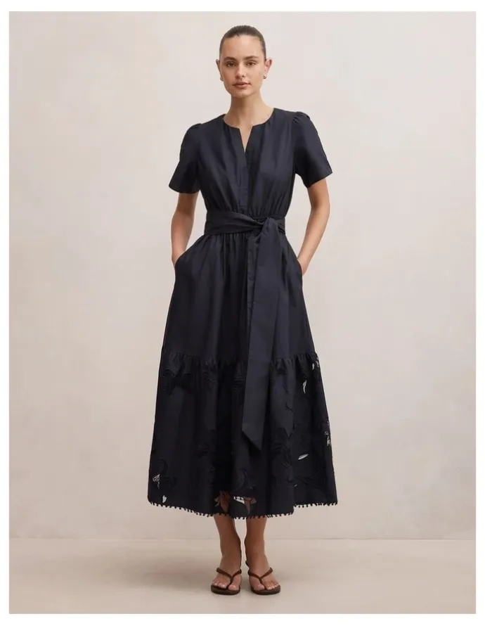 Forever New Matilda Embroidered Tie Midi Dress in Navy