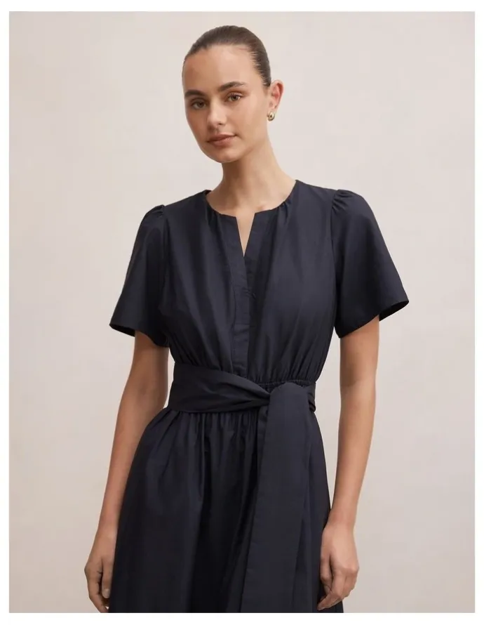 Forever New Matilda Embroidered Tie Midi Dress in Navy
