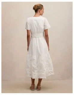 Forever New Matilda Embroidered Tie Midi Dress in White