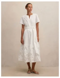 Forever New Matilda Embroidered Tie Midi Dress in White