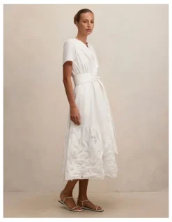 Forever New Matilda Embroidered Tie Midi Dress in White