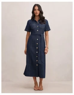 Forever New Millie Denim Midi Shirt Dress in Blue