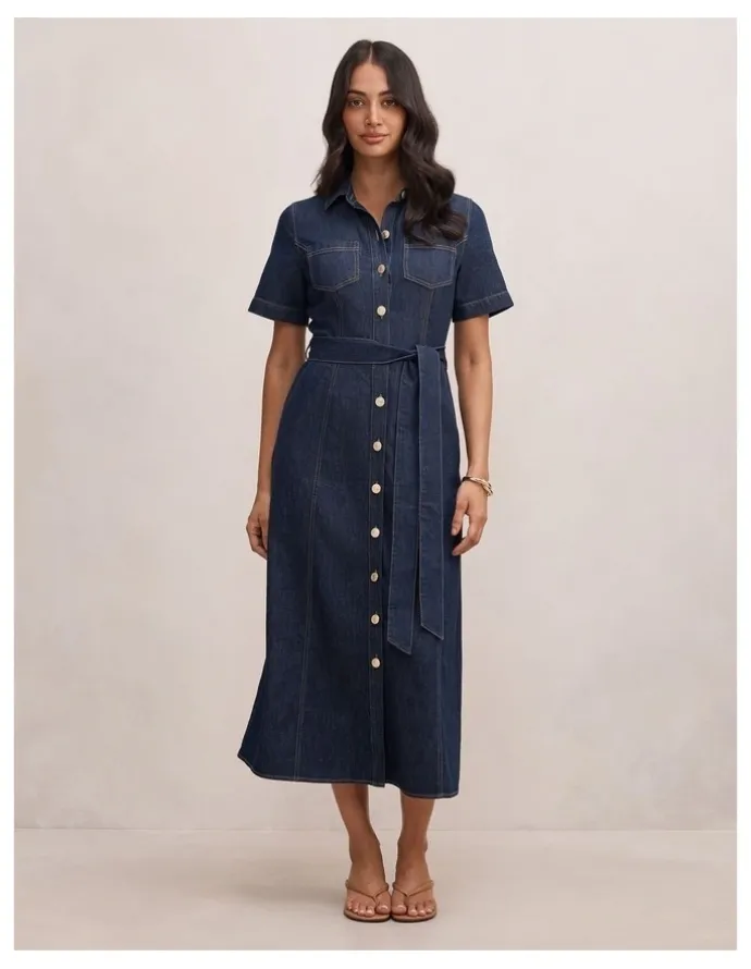 Forever New Millie Denim Midi Shirt Dress in Blue