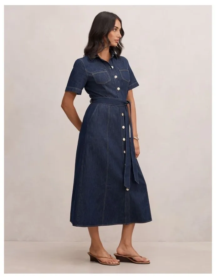 Forever New Millie Denim Midi Shirt Dress in Blue