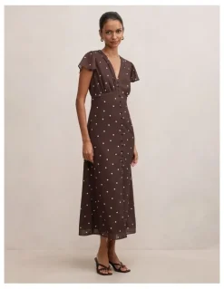 Forever New Petite Ardelia Flutter Sleeves Midi Dress in Brown