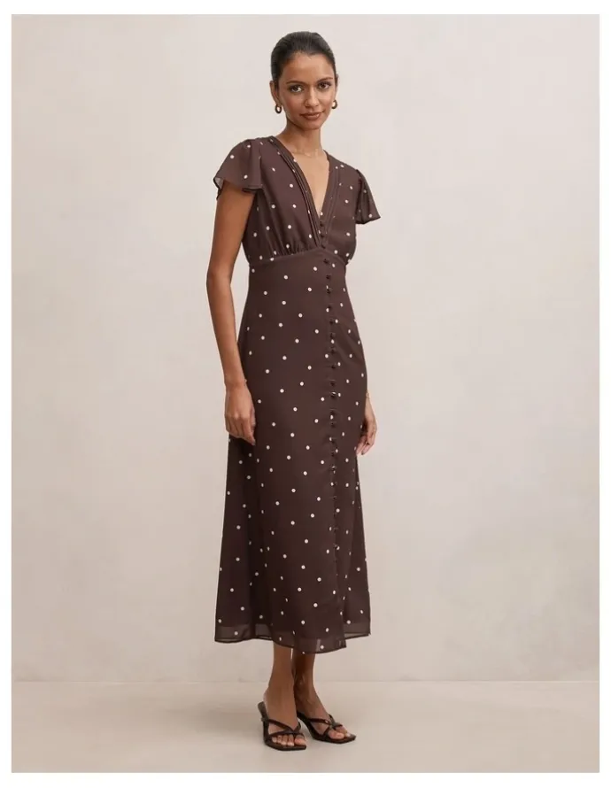 Forever New Petite Ardelia Flutter Sleeves Midi Dress in Brown