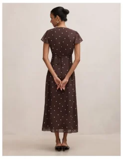 Forever New Petite Ardelia Flutter Sleeves Midi Dress in Brown