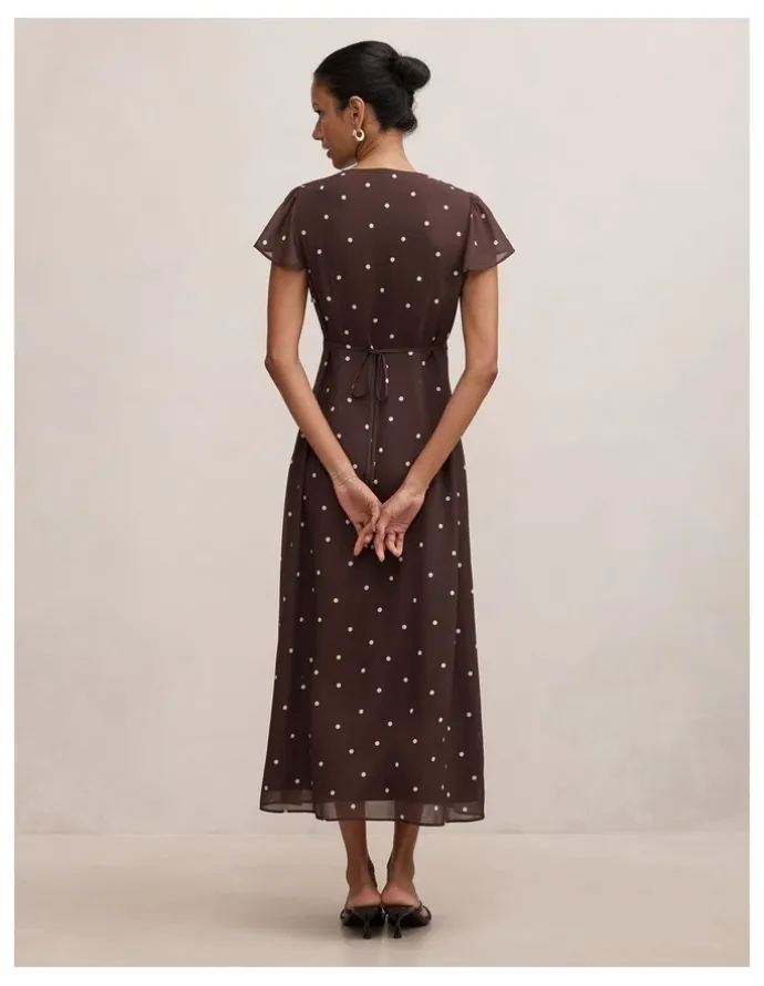 Forever New Petite Ardelia Flutter Sleeves Midi Dress in Brown