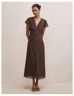 Forever New Petite Ardelia Flutter Sleeves Midi Dress in Brown