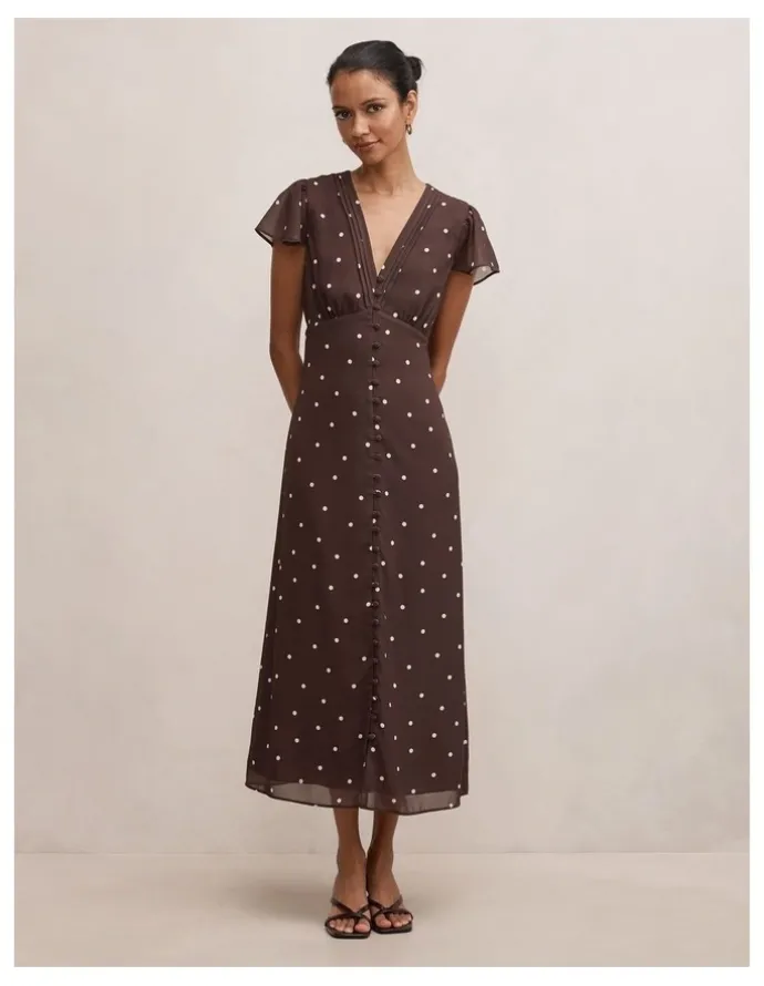 Forever New Petite Ardelia Flutter Sleeves Midi Dress in Brown