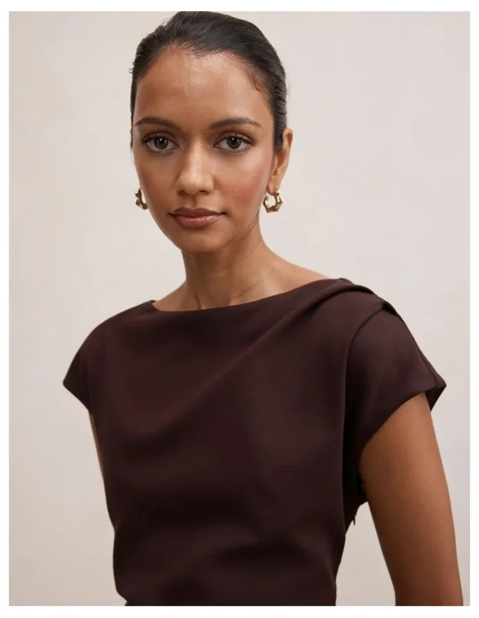 Forever New Petite Carly Sleeveless Tuck Mini Dress in Chocolate