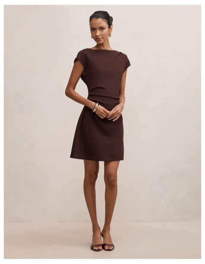Forever New Petite Carly Sleeveless Tuck Mini Dress in Chocolate