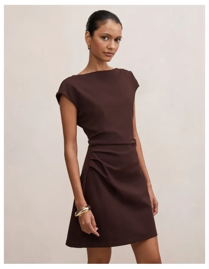 Forever New Petite Carly Sleeveless Tuck Mini Dress in Chocolate