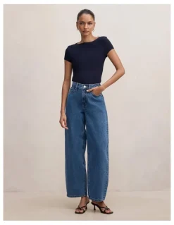 Forever New Petite Emma Mid Rise Barrel Jeans in Blue