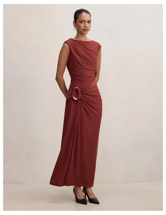 Forever New Petite Fiora Hardware Jersey Dress in Burgundy