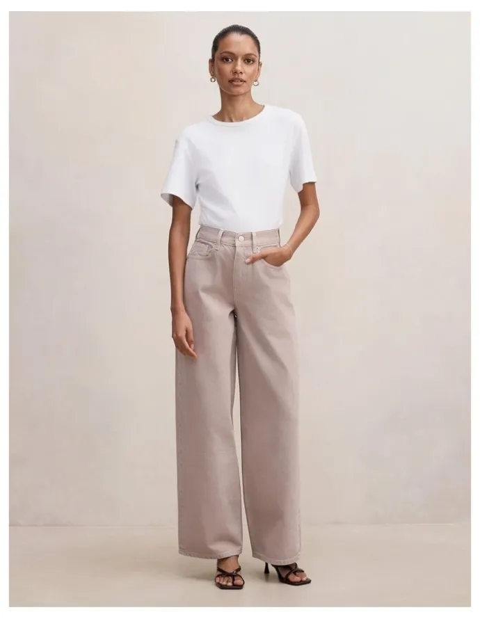Forever New Petite Gia High Rise Wide Leg Jeans in Beige