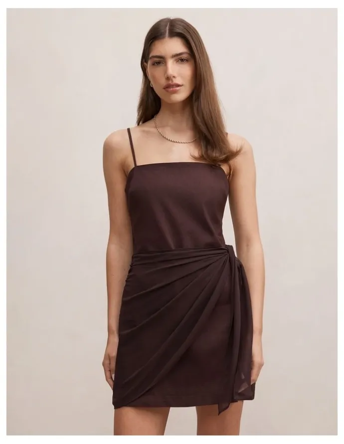 Forever New Sienna Linen Sarong Mini Dress in Chocolate