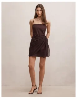 Forever New Sienna Linen Sarong Mini Dress in Chocolate
