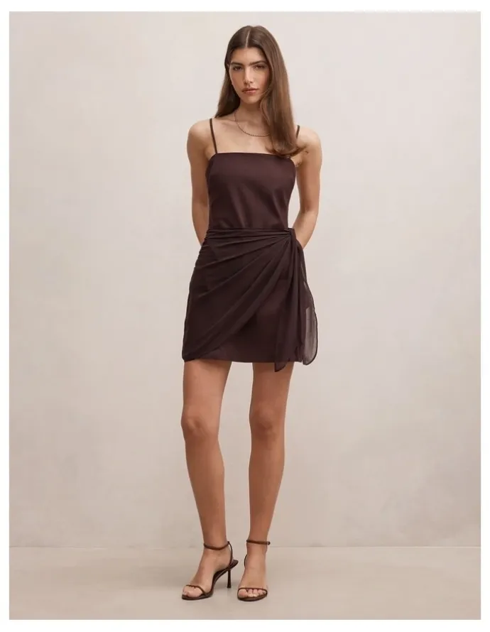 Forever New Sienna Linen Sarong Mini Dress in Chocolate