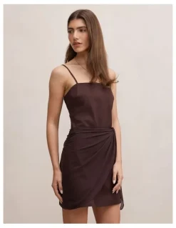 Forever New Sienna Linen Sarong Mini Dress in Chocolate