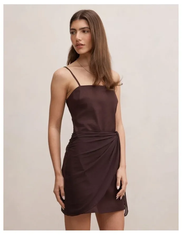 Forever New Sienna Linen Sarong Mini Dress in Chocolate