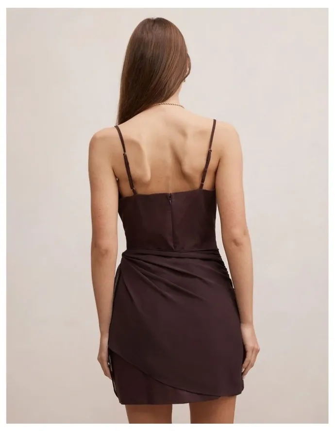 Forever New Sienna Linen Sarong Mini Dress in Chocolate
