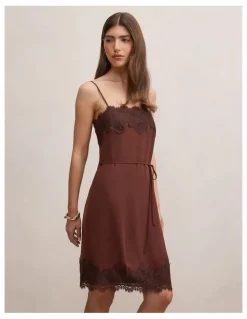 Forever New Wisteria Lace Detail Midi Dress in Brown